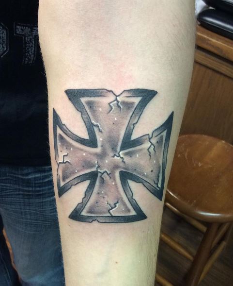 Stone Iron Cross Forearm Tattoo