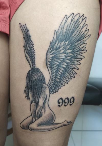 Grey Shaded Angel Girl and 999 Thigh Tattoo