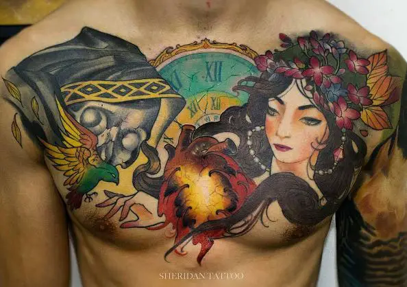 Girl and Skull with Bird and Heart Chest Tattoo
