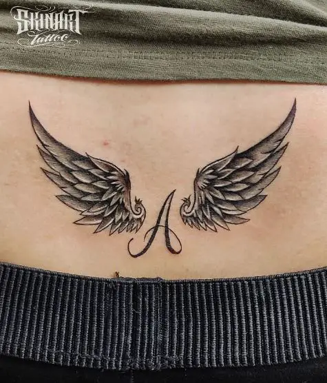 Black Initial Letter A with Angel Wings Belly Tattoo
