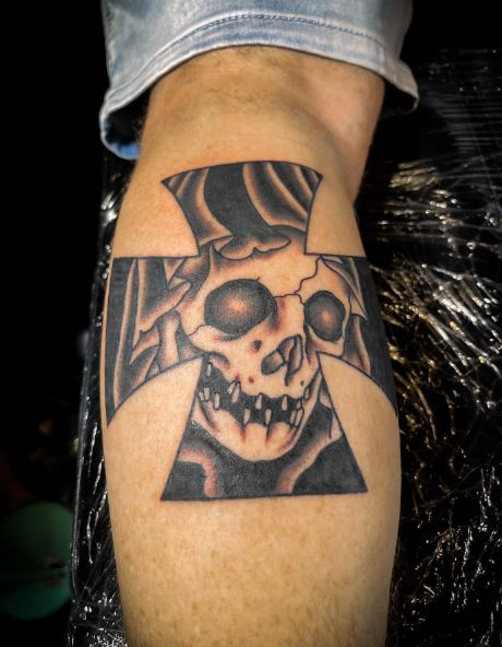 Iron Cross with Skull Leg Tattoo