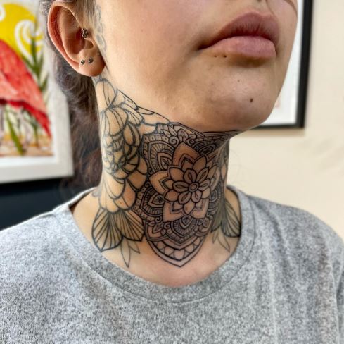 Geometric Floral Throat Tattoo