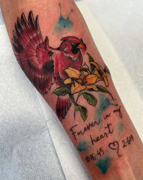 Flowers and Red Cardinal Memorial Forearm Tattoo