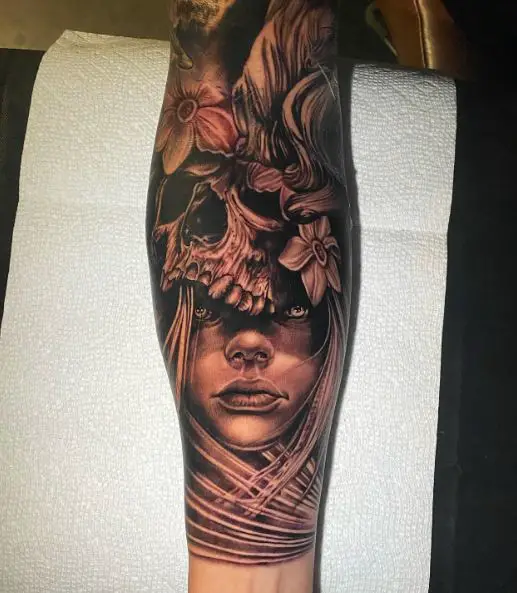 Girl and Skull with Flowers Arm Sleeve Tattoo