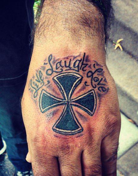 Black Iron Cross with Script Hand Tattoo