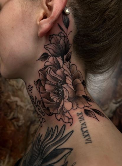 Shaded Peonies Neck Tattoo