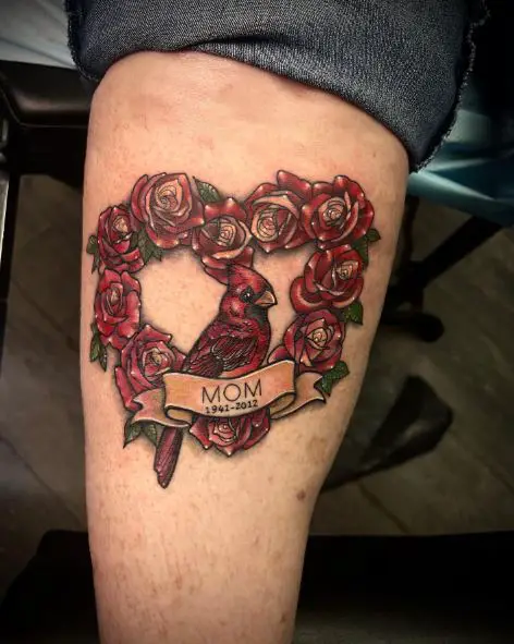 Red Roses and Cardinal Memorial Forearm Tattoo