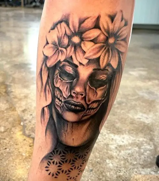 Mixed Girl and Skull Face with Flowers Forearm Tattoo