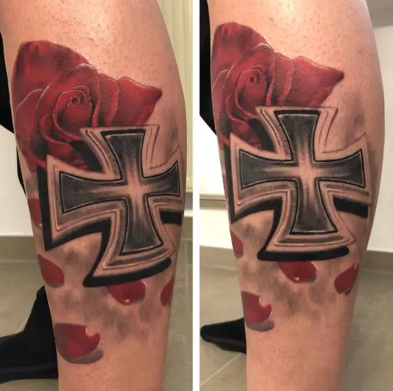 Iron Cross with Red Rose Leg Tattoo