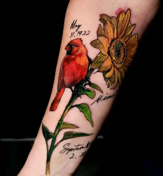 Sunflower and Cardinal Memorial Forearm Tattoo