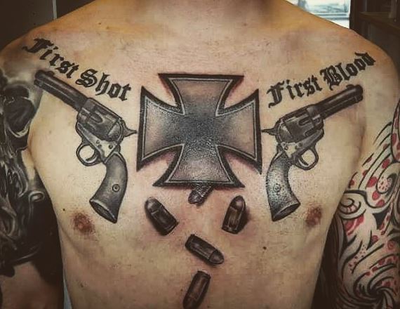 Iron Cross with Revolvers and Lettering Chest Tattoo