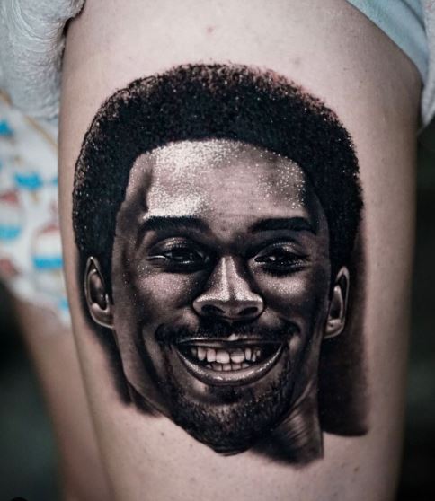 Realistic Kobe Bryant Portrait Thigh Tattoo