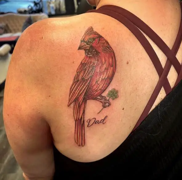 Red Cardinal with Clover Memorial Back Tattoo