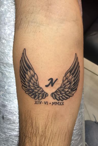 Initial Letter N with Angel Wings Forearm Tattoo