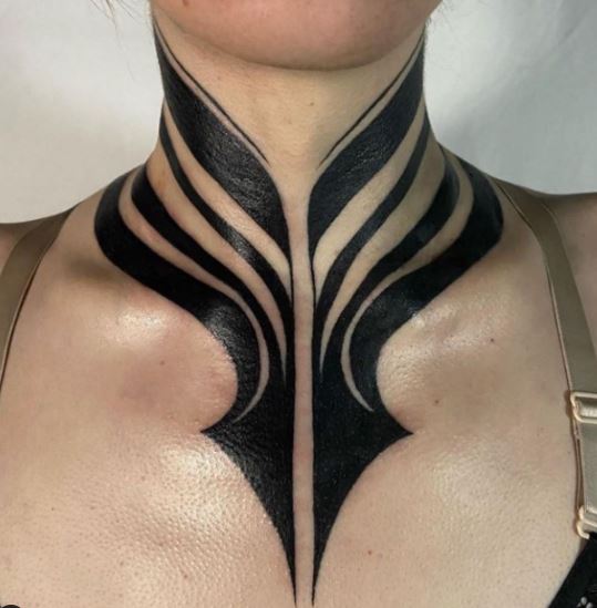 Black Tribal Chest and Throat Tattoo