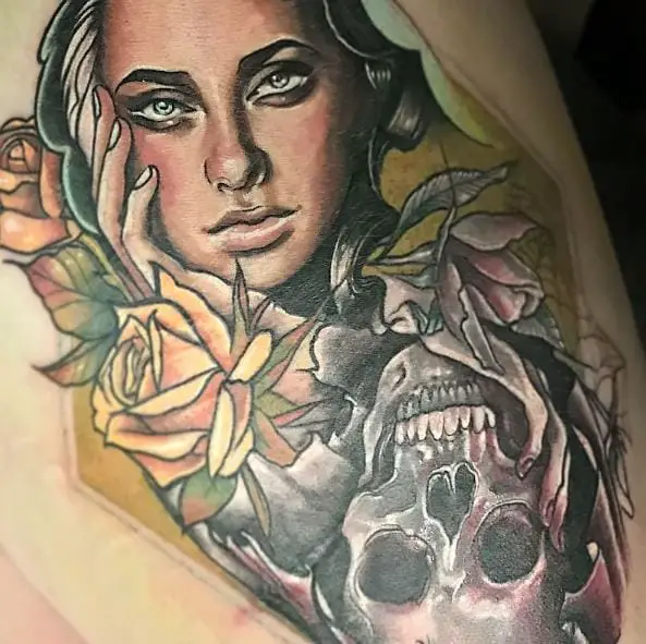 Colorful Woman and Skull with Flowers Thigh Tattoo