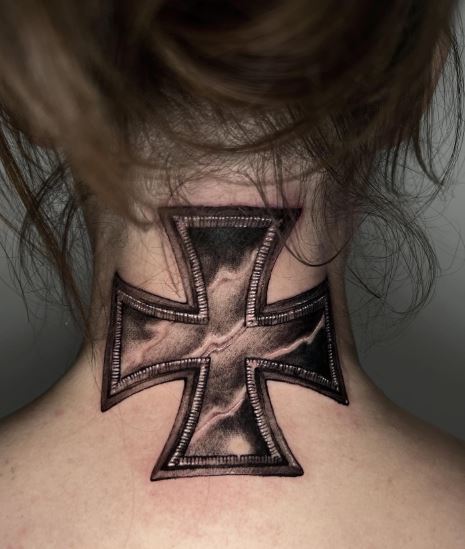 Black and Grey Iron Cross Neck Tattoo