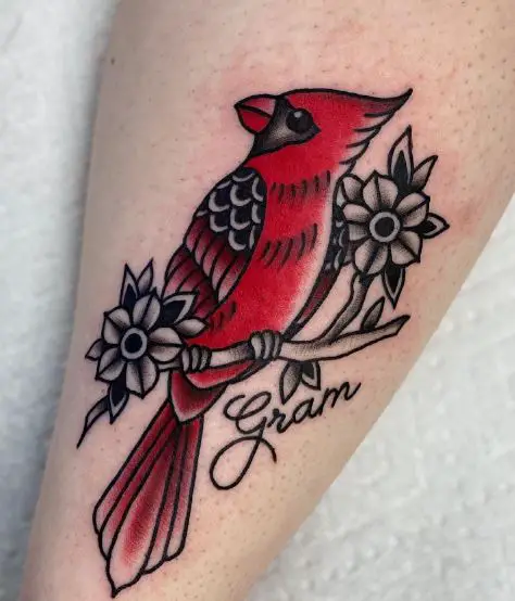 Traditional Cardinal on Branch Memorial Forearm Tattoo
