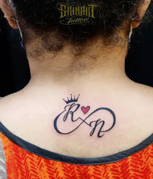 Initial Letters RN with Crown, Heart and Infinity Symbol Back Tattoo