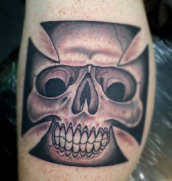 Black and Grey Iron Cross with Skull Tattoo