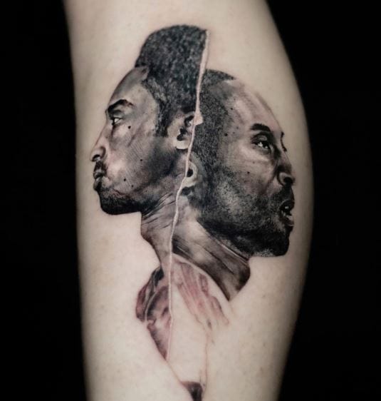 Black and Grey Kobe Bryant Portraits Leg Tattoo
