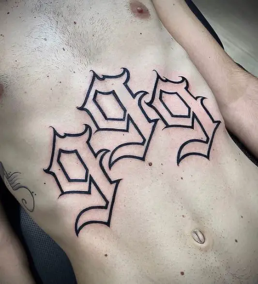 Black Outlined 999 Stomach Tattoo