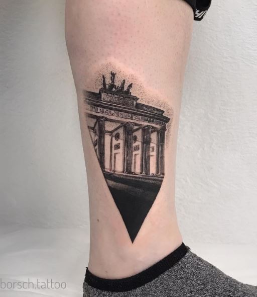Black and Grey Brandenburg Gate Leg Tattoo