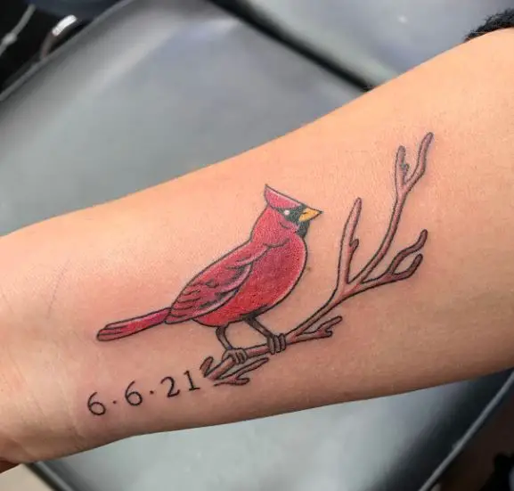Red Cardinal on Branch Memorial Forearm Tattoo
