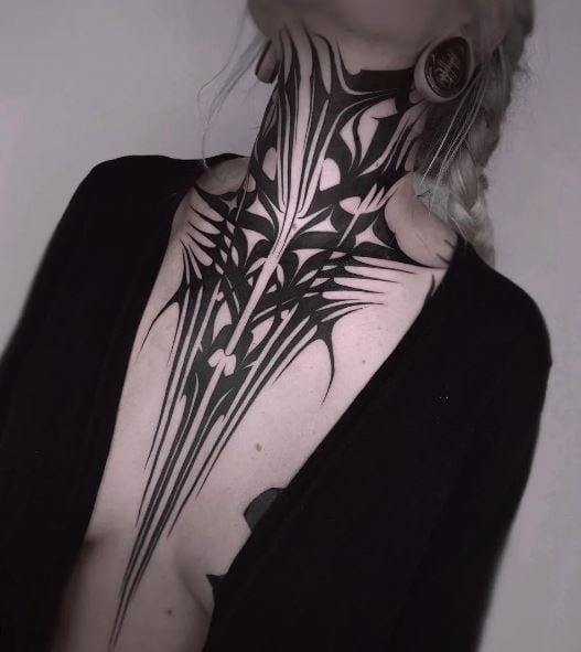 Black Abstract Chest, Neck and Throat Tattoo