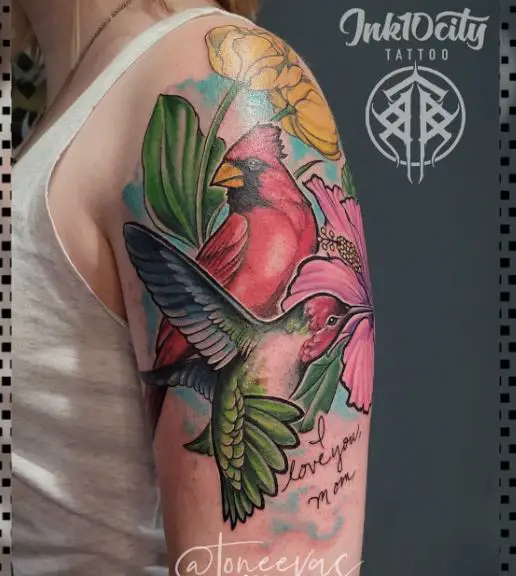 Flowers, Hummingbird and Cardinal Memorial Arm Tattoo