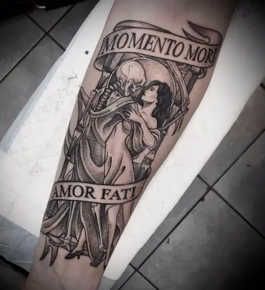 Grey Woman Dancing with Skeleton Forearm Tattoo