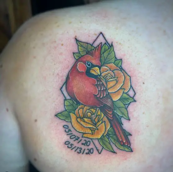 Yellow Roses and Cardinal Memorial Back Tattoo