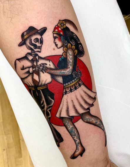 Colorful Traditional Last Dance Forearm Tattoo