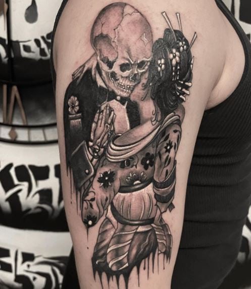 Black and Grey Geisha Dancing with Skeleton Arm Tattoo