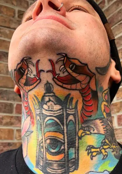 Colorful Traditional Snakes and Eye Throat Tattoo