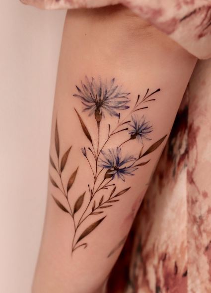 Cornflowers with Leaves Arm Tattoo