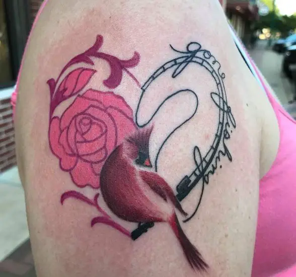 Pink Rose and Cardinal Memorial Arm Tattoo