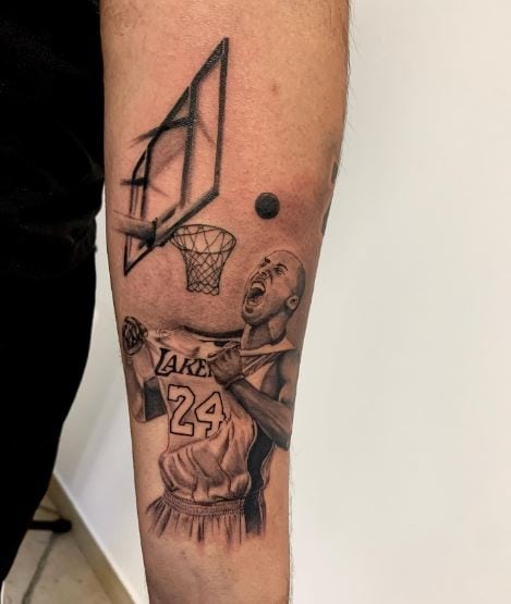 Basket and Kobe Bryant Stretching Jersey Arm Tattoo