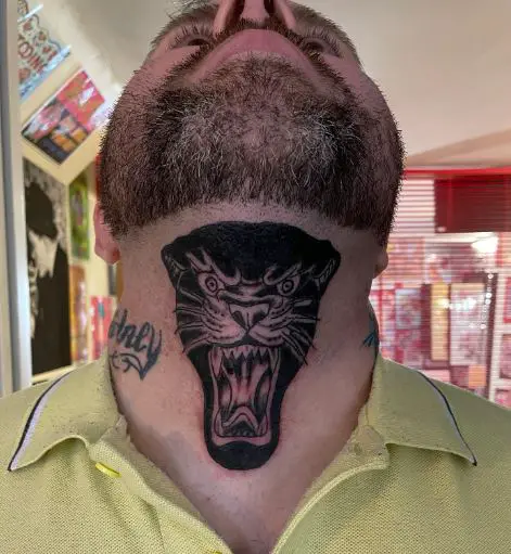 Black Traditional Panther Throat Tattoo