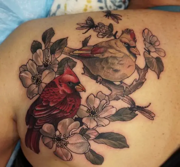 Flowers and Two Cardinals on Branches Back Tattoo