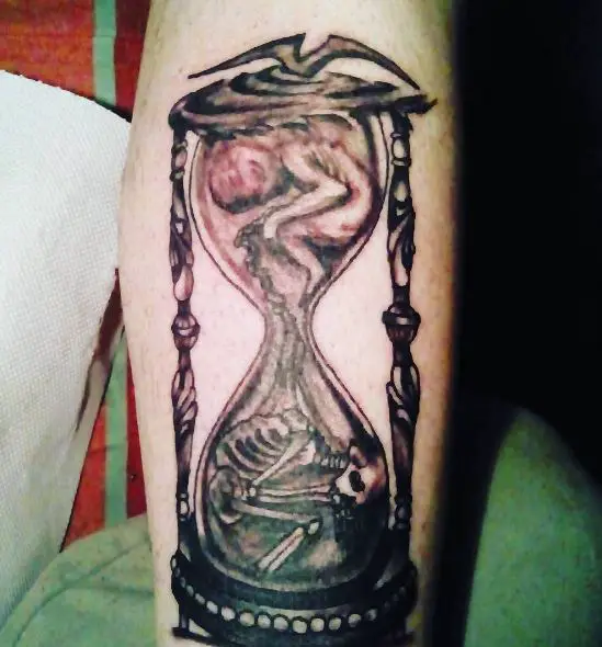 Black and Grey Hourglass with Baby and Skeleton Tattoo