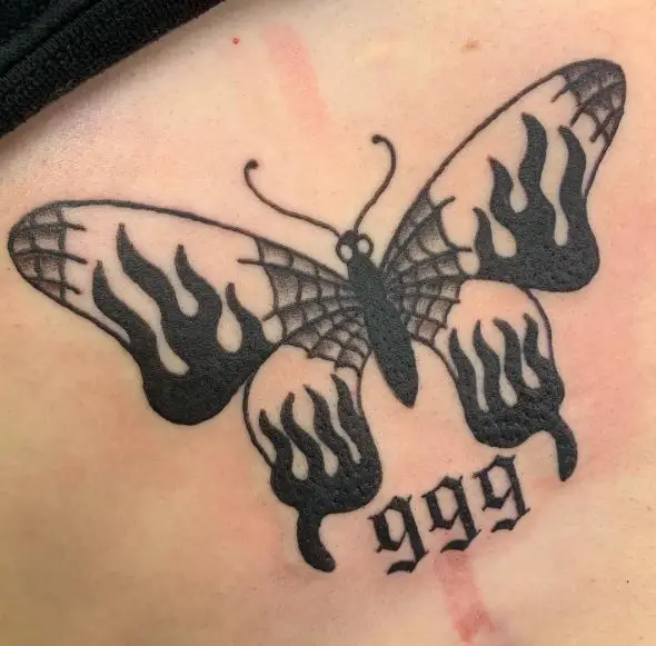 Black and Grey Butterfly and 999 Stomach Tattoo