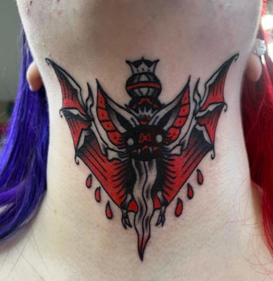 Black and Red Traditional Bat Throat Tattoo