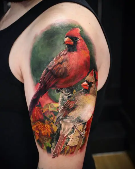 Colorful Realistic Two Cardinals Arm Tattoo