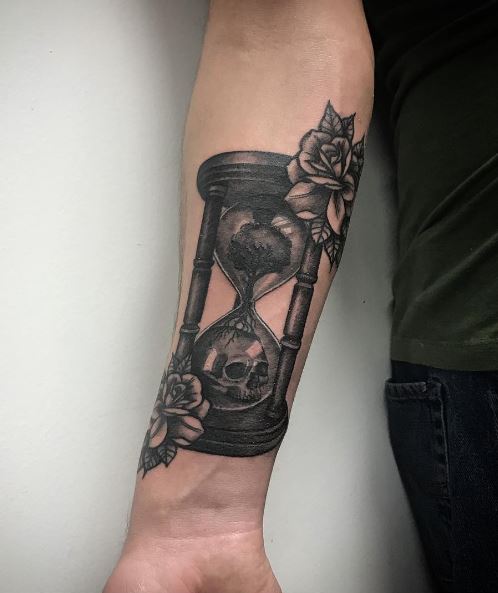 Hourglass with Roses and Skull Forearm Tattoo
