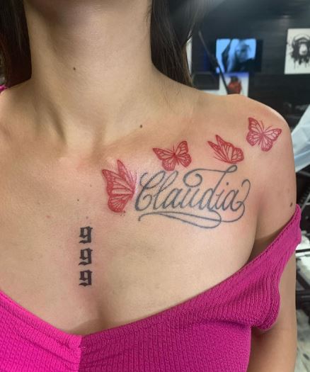 Red Butterflies with Name and 999 Chest Tattoo