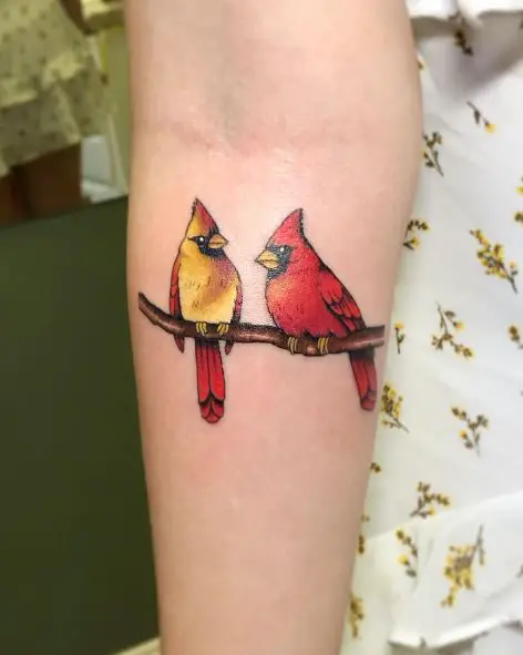 Minimalistic Two Cardinals on Branch Forearm Tattoo