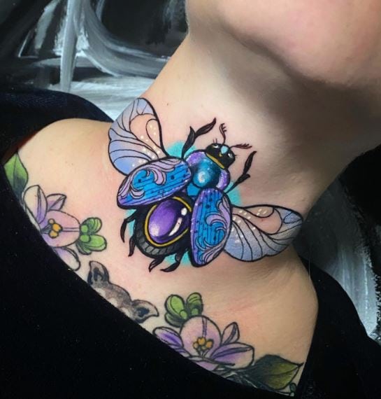 Colorful Bug Throat Tattoo