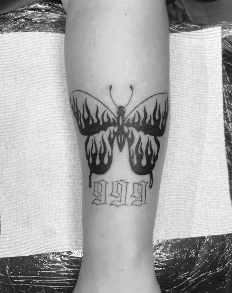 Black and Grey Butterfly and 999 Forearm Tattoo