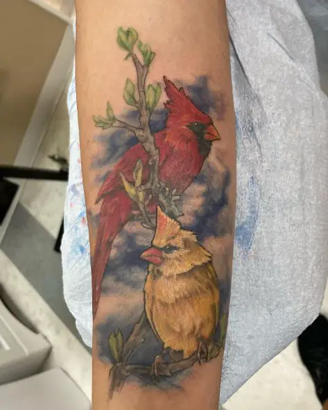 Colorful Two Cardinals on Tree Forearm Tattoo